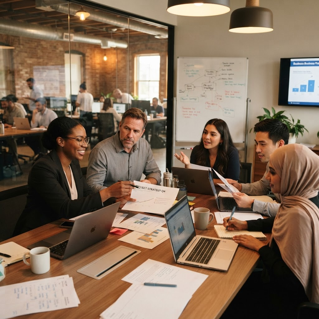 Team collaborating in a meeting room